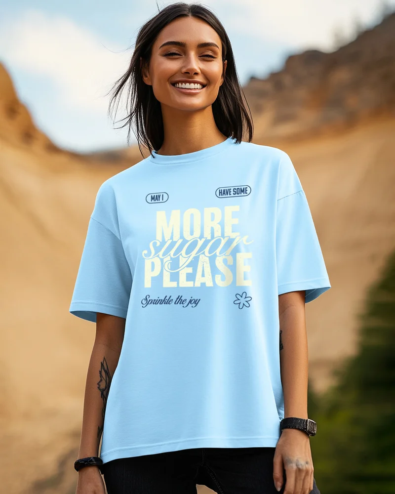 بيواكوف Women's Sky Blue Sugar Please Typography Oversized T-shirt